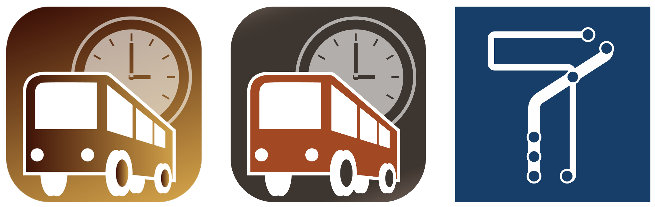 Three app icons, corresponding to the three versions of Tiramisu. Left: a bus with a clock behind it in brown. Center: same, but with different colors. Right: a white T stylized as a transit map on a blue background.